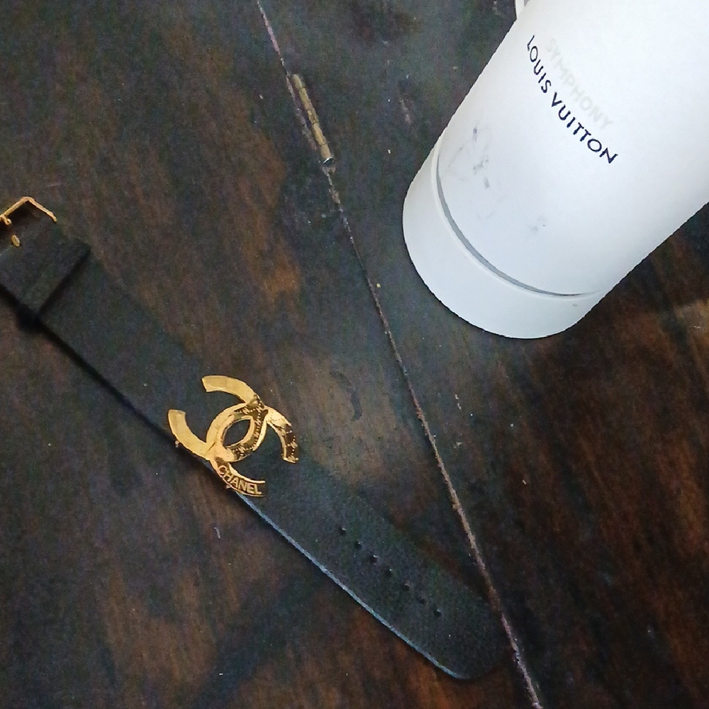 Black Leather Braclet with Gold Logo Buckle